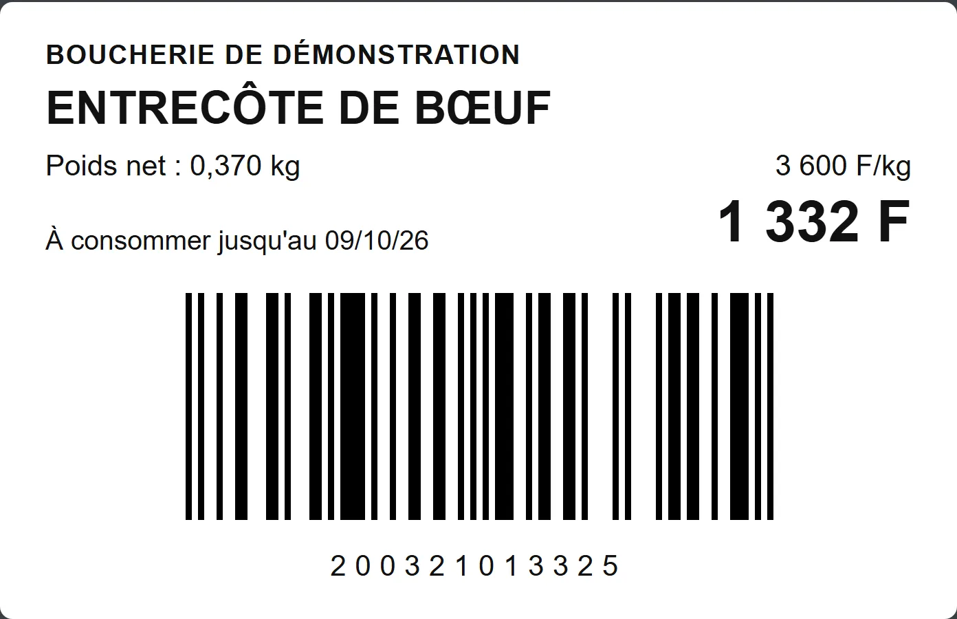 Étiquette de balance inventée : entrecôte de bœuf, 0,370 kg, 1 332 F, avec son code-barres