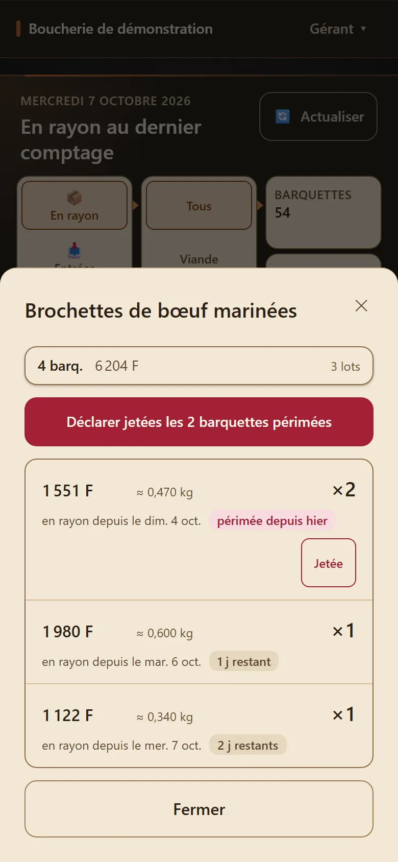 Lots d’un produit avec leurs dates limites, données fictives