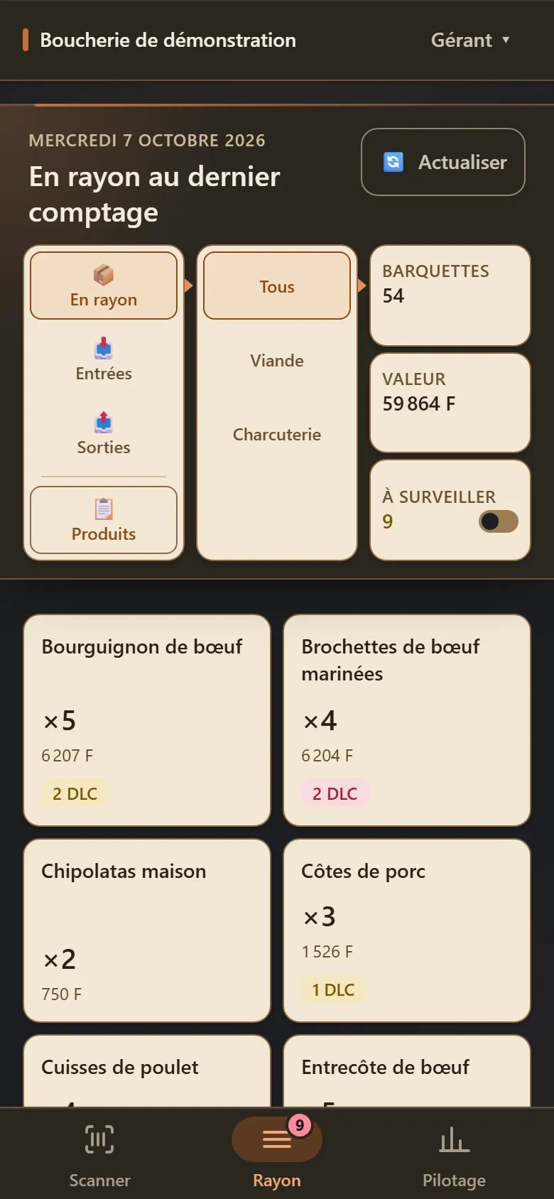 Écran Rayon : les barquettes en rayon, produit par produit