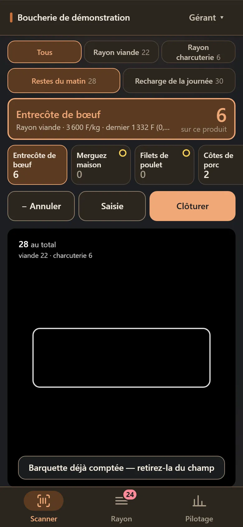 Écran Scanner juste après la lecture : entrecôte de bœuf, dernier 1 332 F, 6 barquettes comptées
